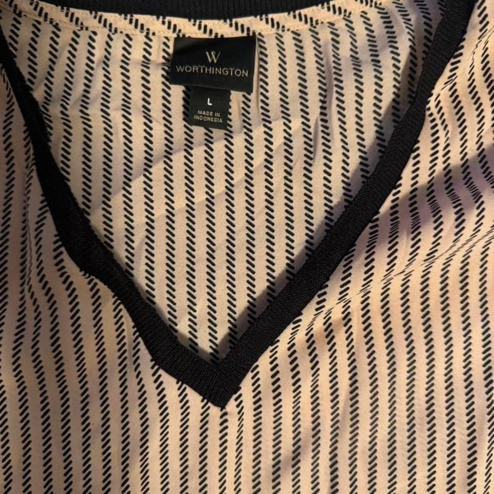 Worthington Womens V-Neck Short Sleeve Geometric Stripe Blouse Pink Black Large - Picture 2 of 6